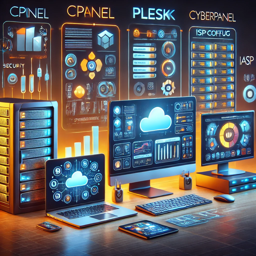 Dall·e 2024 11 06 09.23.05 A Sleek Modern Illustration Of Various Web Hosting Control Panels Like Cpanel Plesk Cyberpanel Aapanel And Ispconfig Displayed On Computer Screens